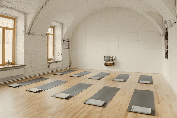 Quiet yoga and meditation studio interior